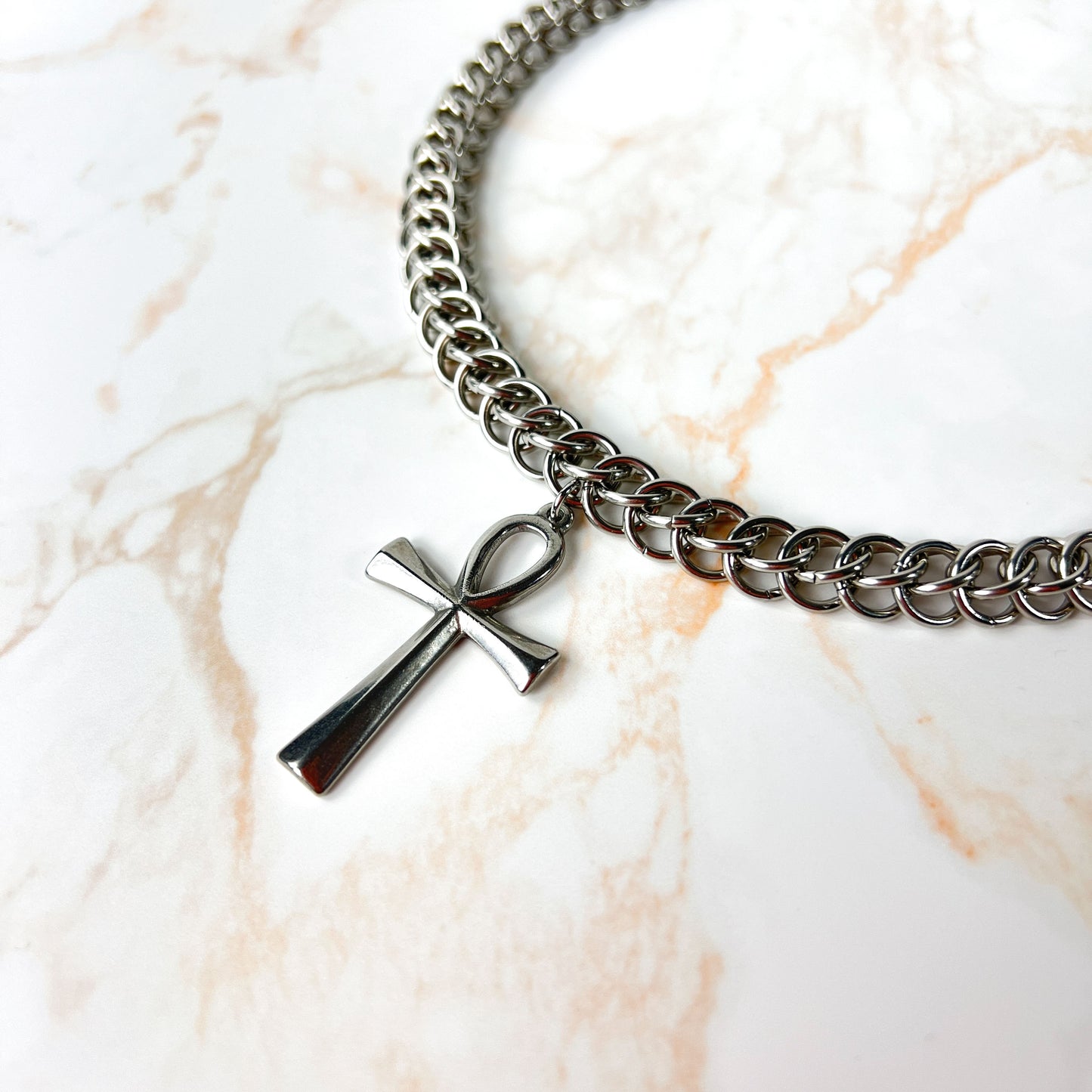 Half Persian chainmail choker with an Ankh pendant, Egyptian cross, stainless steel necklace Baguette Magick