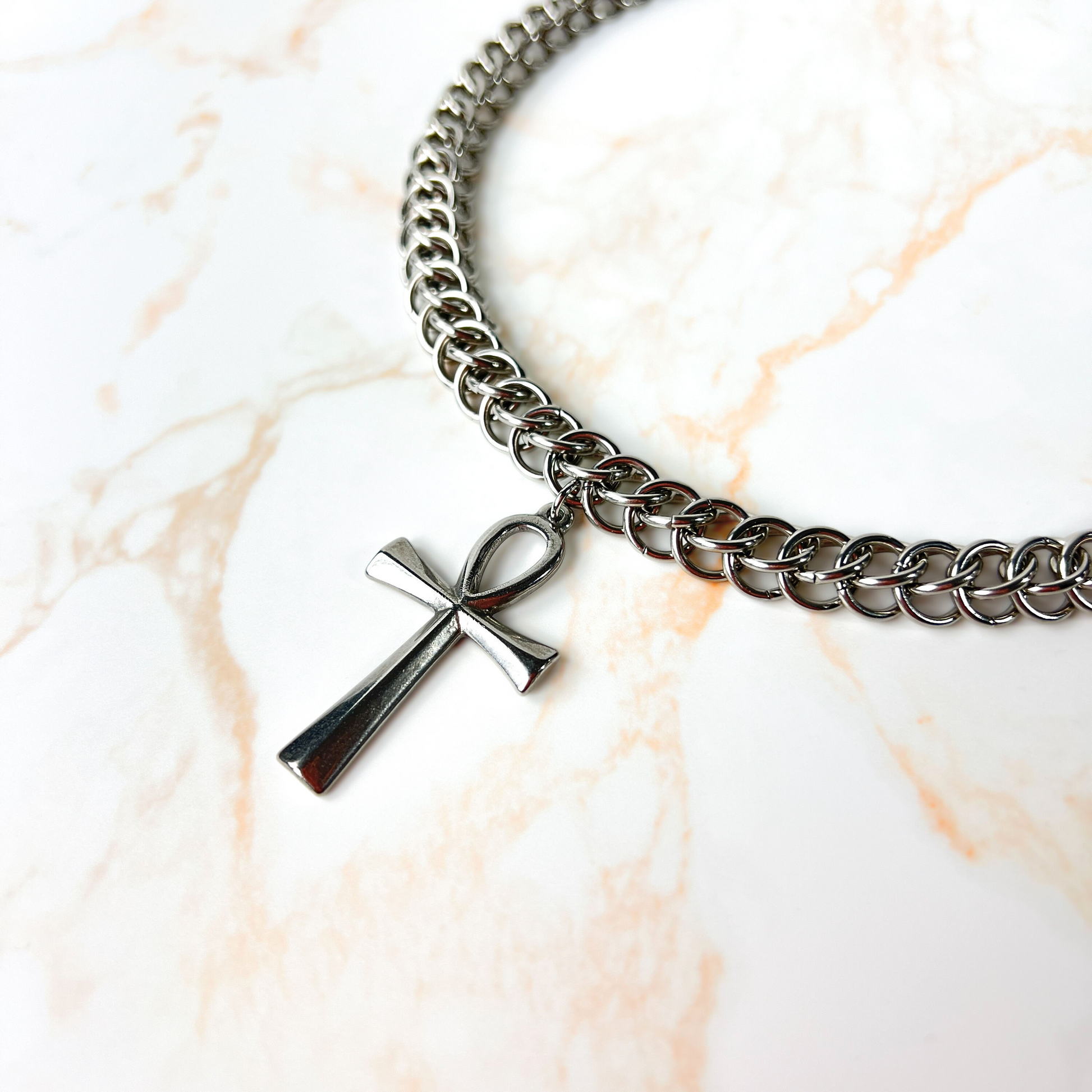 Half Persian chainmail choker with an Ankh pendant, Egyptian cross, necklace Baguette Magick