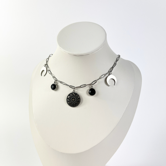 Zodiac wheel paper clip chain choker, black rhinestones Baguette Magick