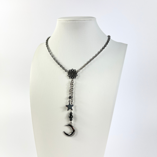 Celestial crescent Moon Y necklace, hematite Baguette Magick