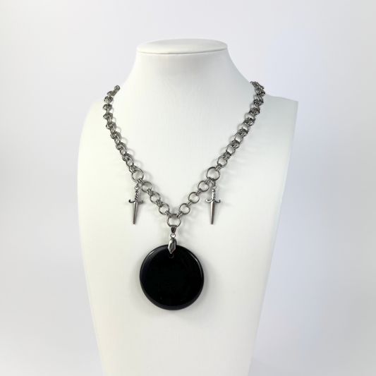 Obsidian black mirror necklace, scrying divination jewelry, athame daggers