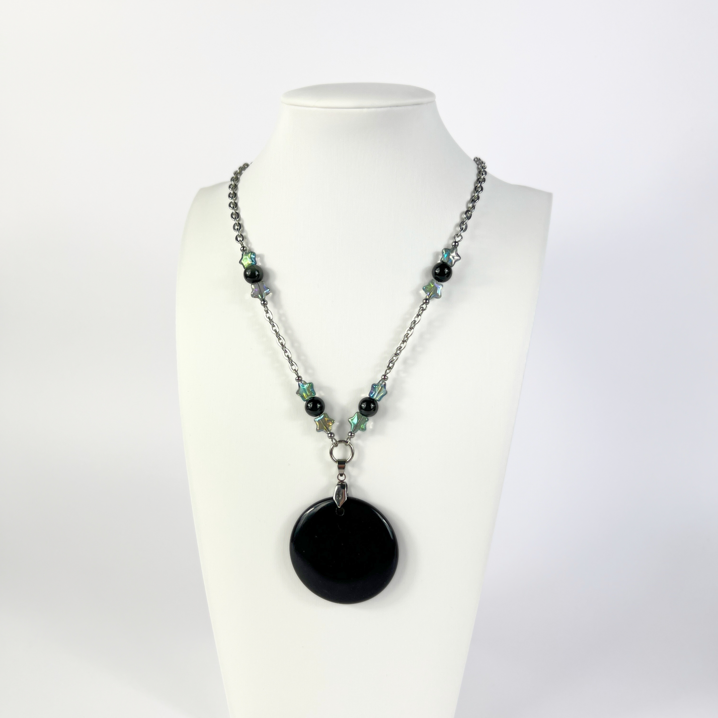 Obsidian black mirror necklace, scrying divination jewelry, rainbow obsidian, stars