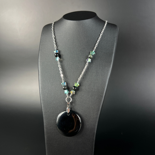 Obsidian black mirror necklace, scrying divination jewelry, rainbow obsidian, stars