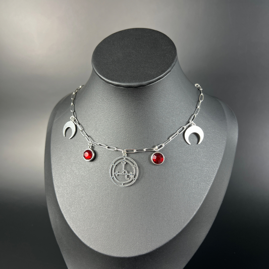 Lilith sigil paper clip chain choker, red rhinestones Baguette Magick