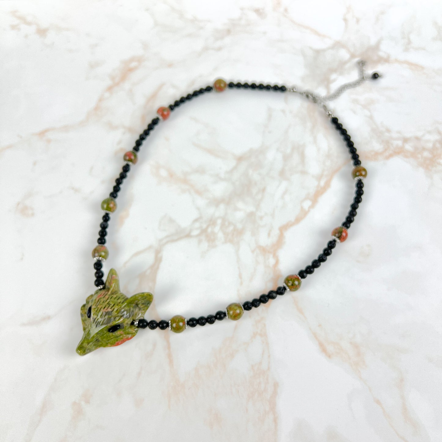 Unakite fox, lava rock and stainless steel forest witch necklace Baguette Magick
