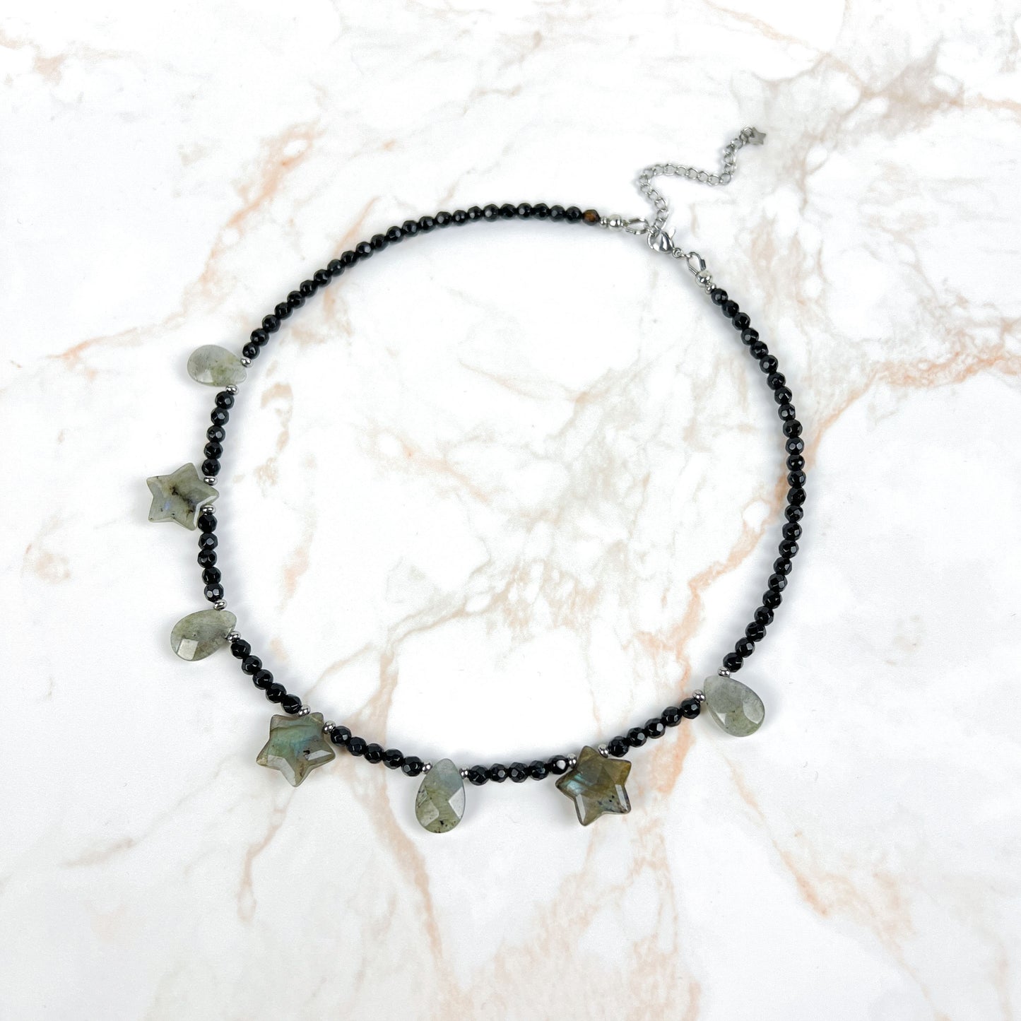 Labradorite stars and drops, onyx and stainless steel cosmic fairy necklace Baguette Magick