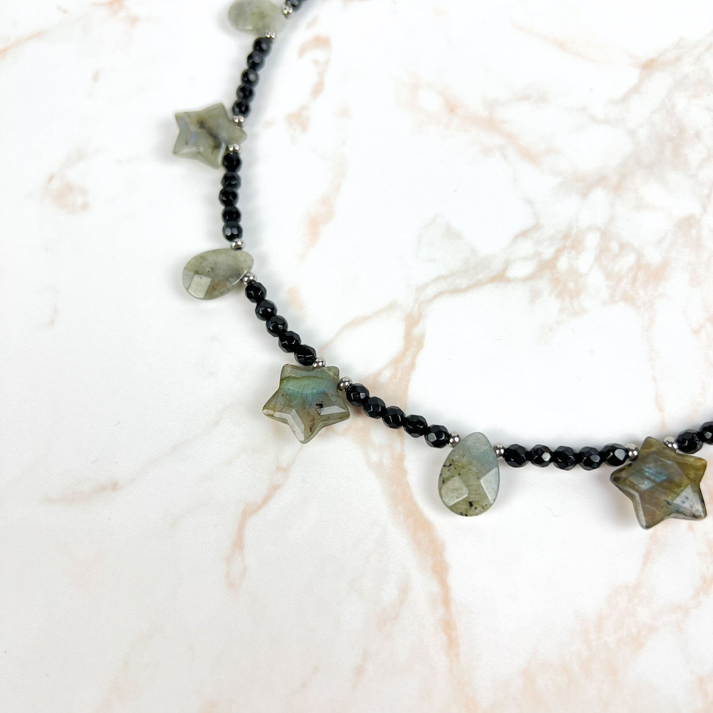 Labradorite stars and drops, onyx and stainless steel cosmic fairy necklace Baguette Magick