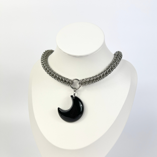 Box chain Obsidian crescent moon chainmail necklace