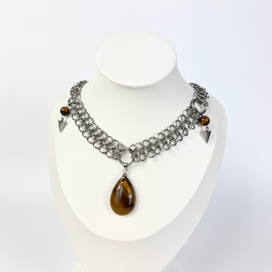 Tiger eye European chainmail teardrop pendant necklace Baguette Magick