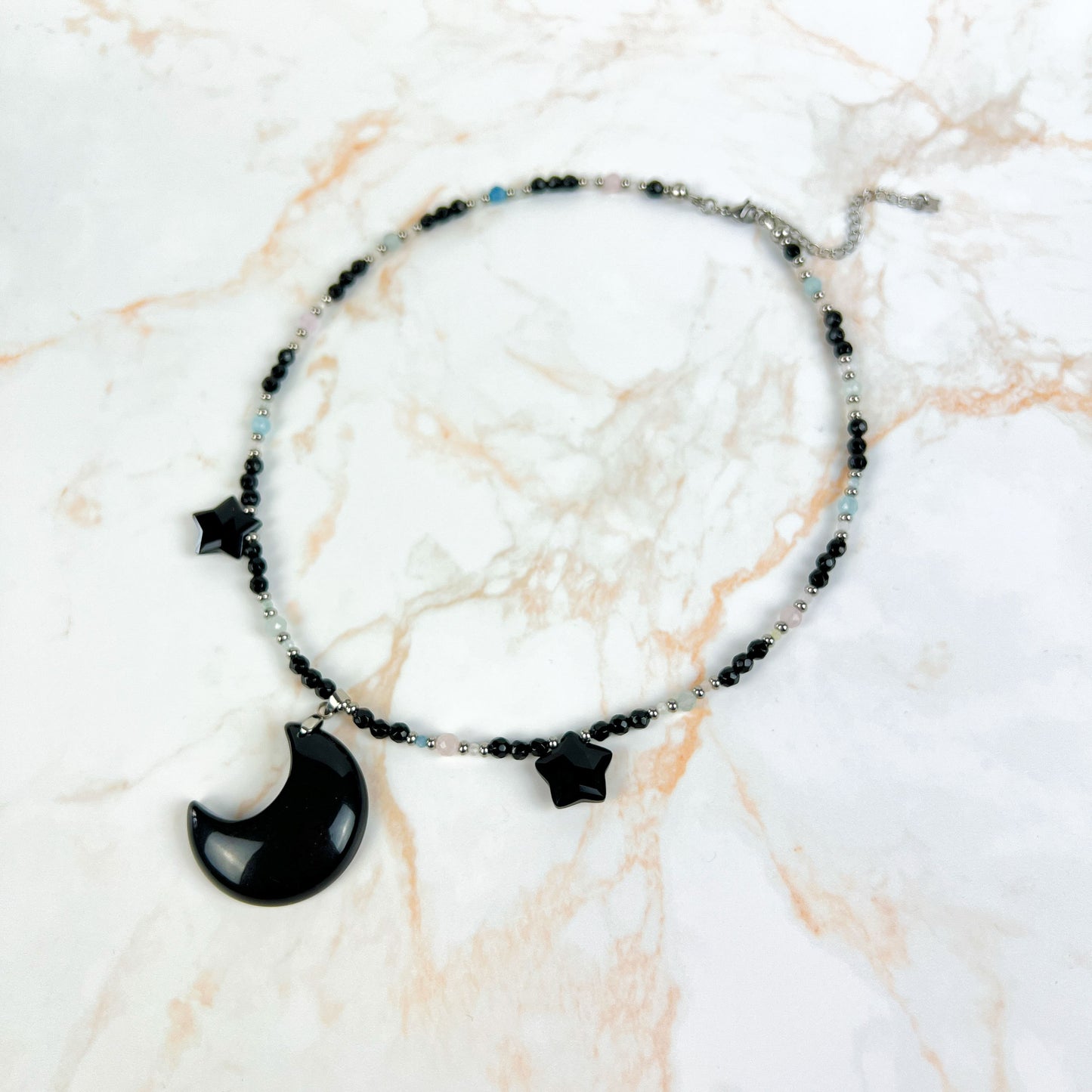 Obsidian moon and stars, morganite and onyx stainless steel Night queen necklace Baguette Magick