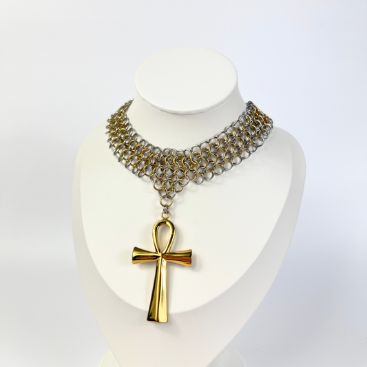 Ankh chainmail bib necklace European 4 in 1 necklace, silver and gold tones