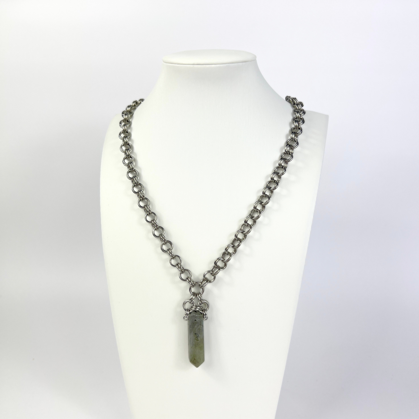 Labradorite point long chainmail necklace, with a crescent moon