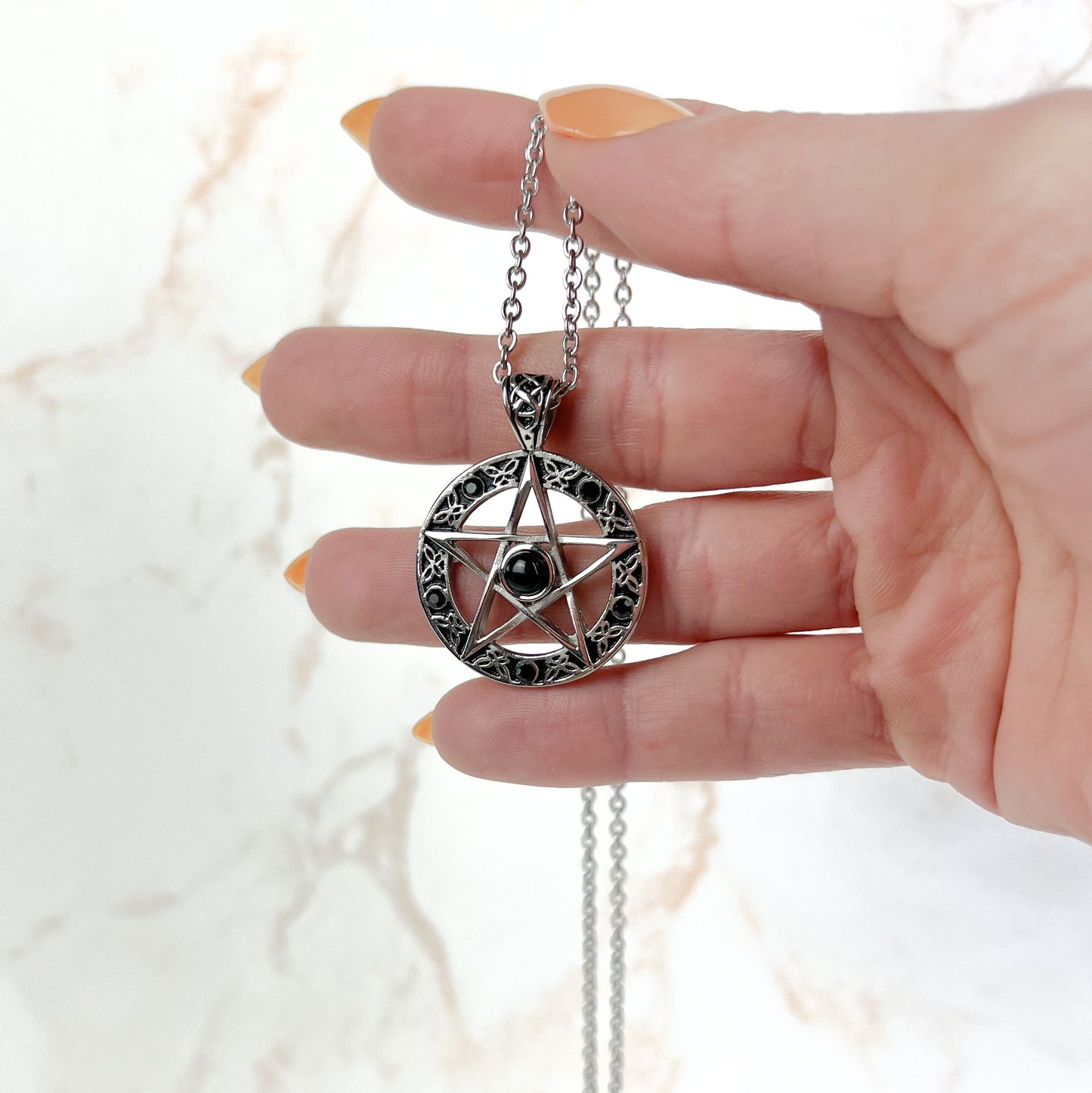 Stainless steel pentacle with black beads witchcraft necklace Baguette Magick
