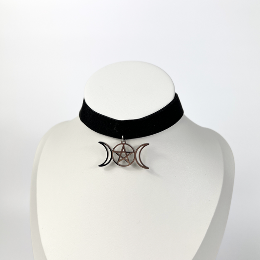 Black velvet Triple Moon Pentacle Wiccan Gothic choker Baguette Magick