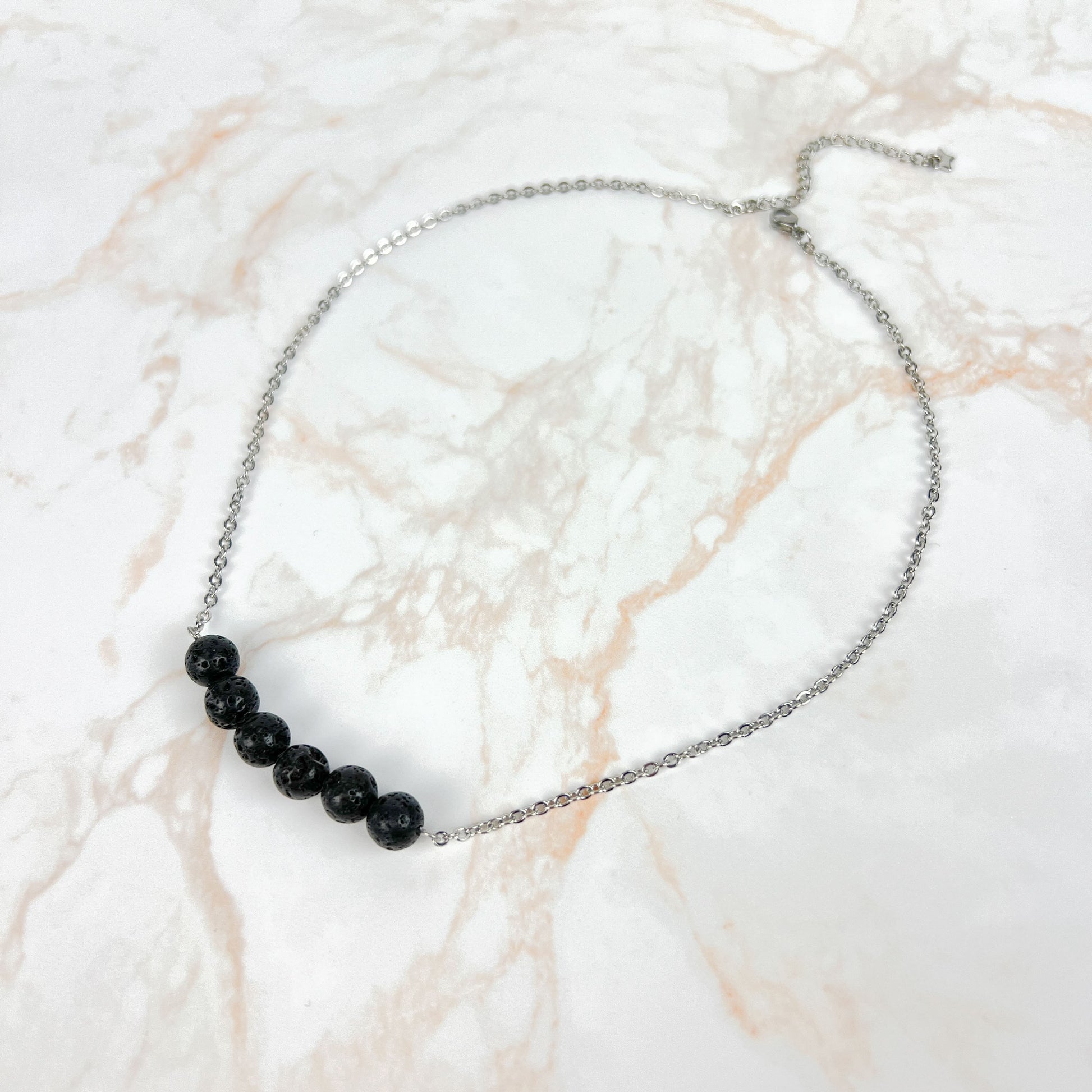 Black lava rock beaded necklace for aromatherapy, stainless steel choker Baguette Magick