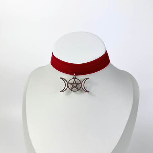 Red velvet Triple Moon Pentacle Wiccan Gothic choker Baguette Magick