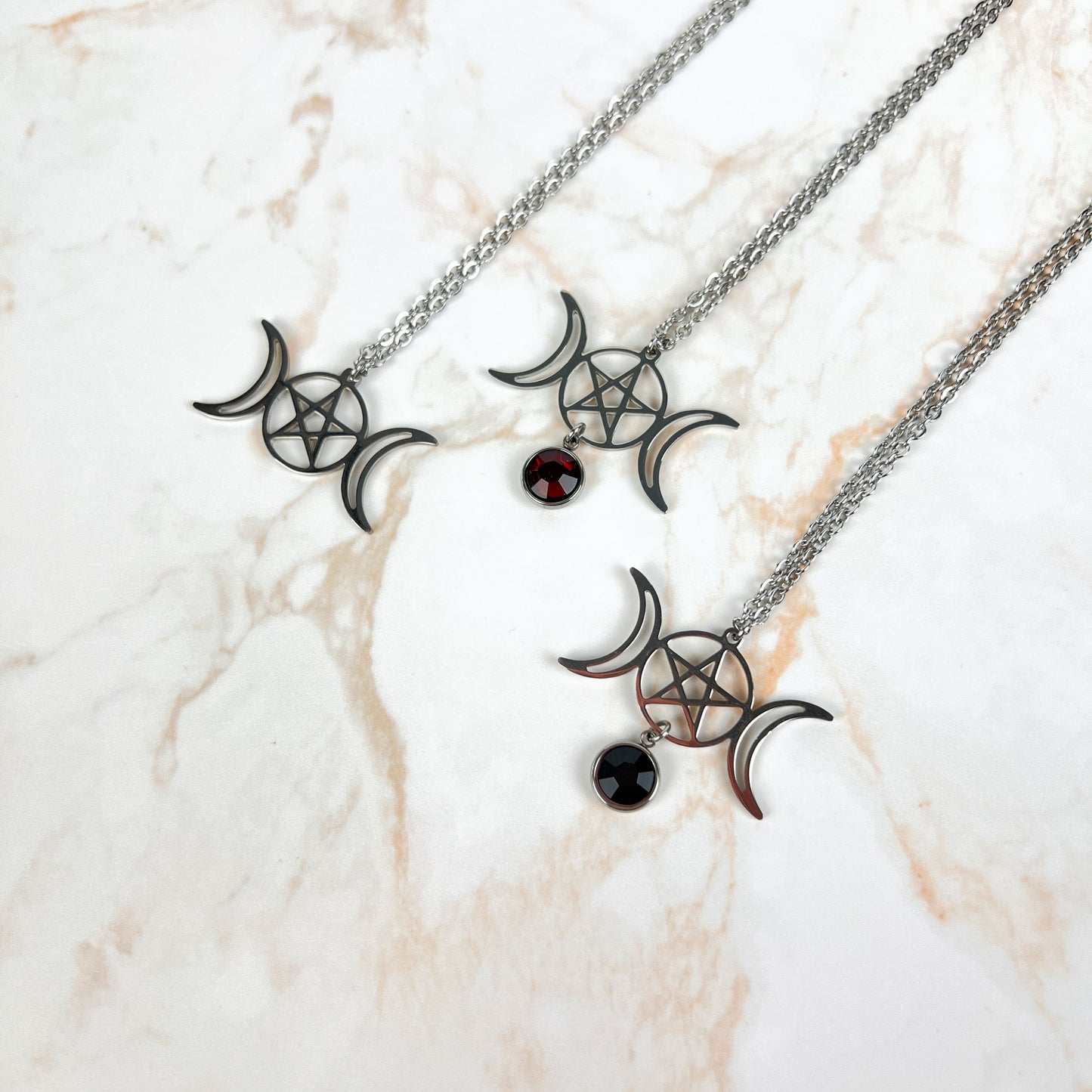 Collier triple lune et pentacle bijoux wiccan en acier inoxydable