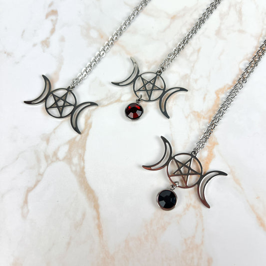 Triple moon and pentacle necklace wiccan jewelry made of stainless steel Baguette Magick