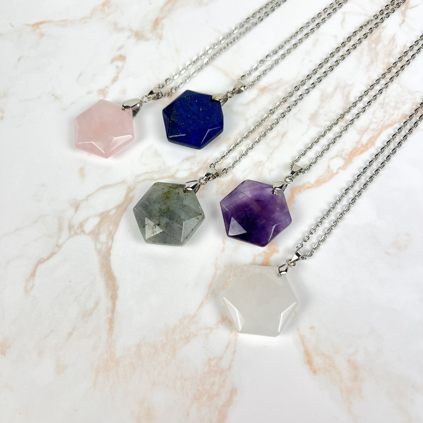 Gemstone hexagon necklace in Lapis Lazuli, Rose Quartz, Quartz, Amethyst or Labradorite Baguette Magick