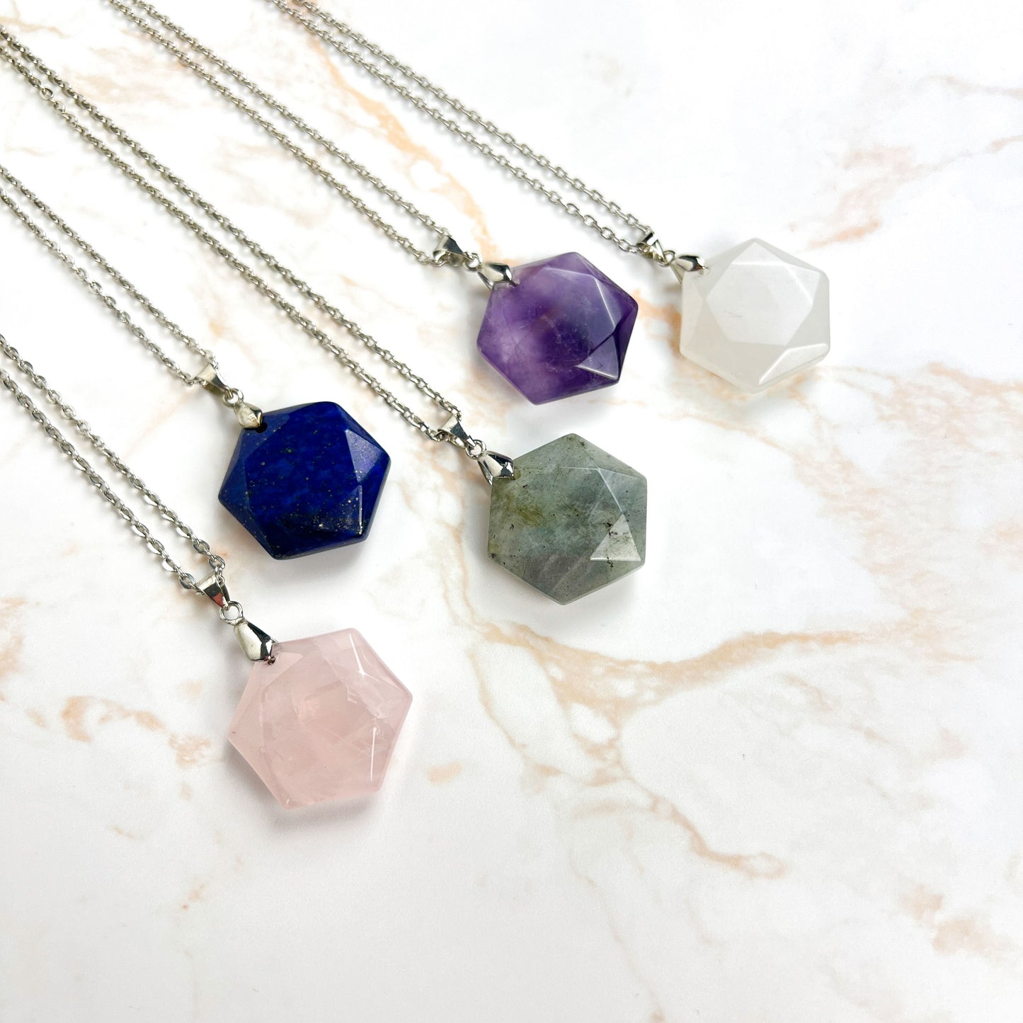 Gemstone hexagon necklace in Lapis Lazuli, Rose Quartz, Quartz, Amethyst or Labradorite Baguette Magick