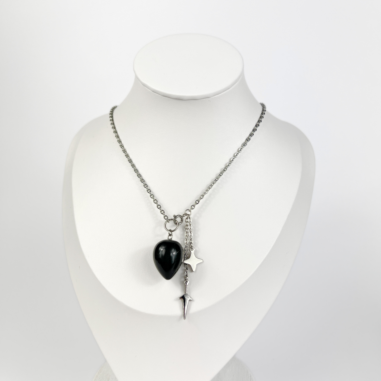 Obsidian, kunai and shuriken pendulum necklace