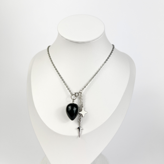Obsidian, kunai and shuriken pendulum necklace