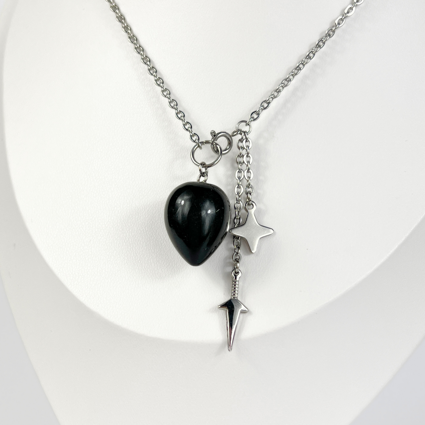 Obsidian, kunai and shuriken pendulum necklace