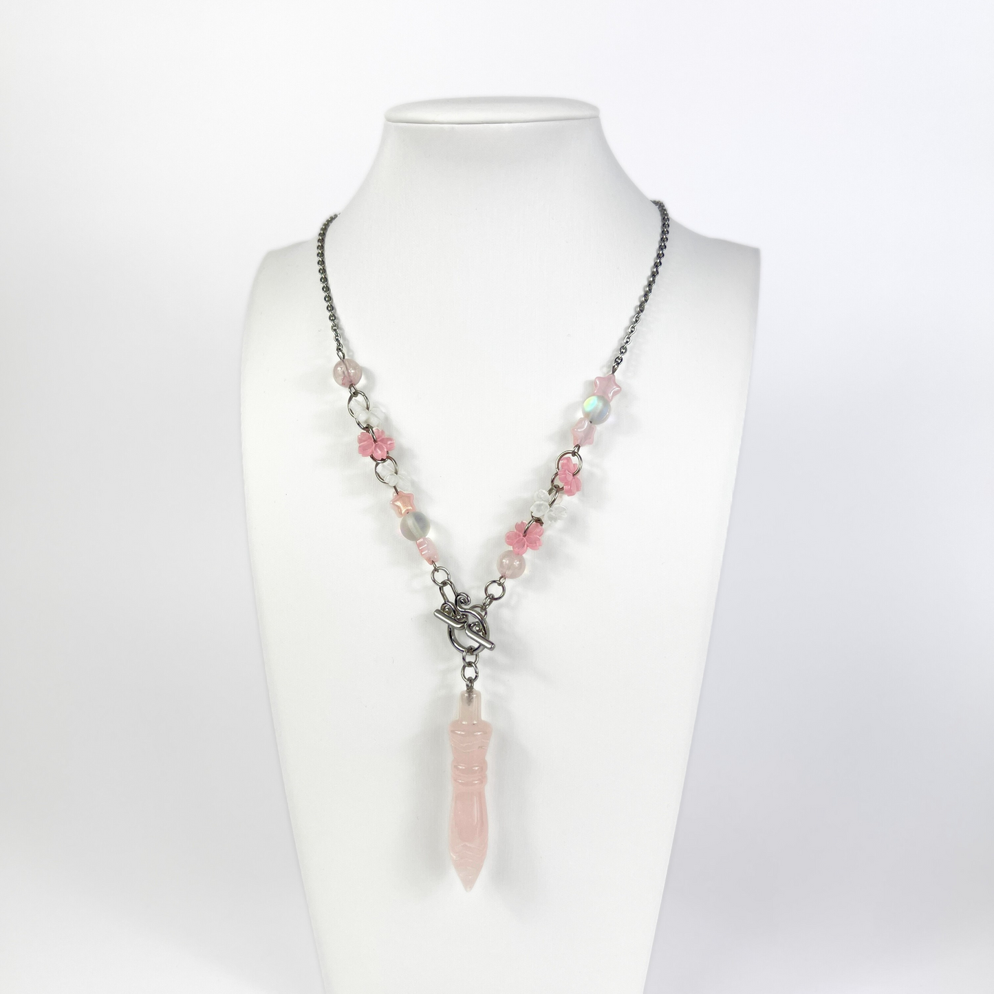 Sweet Lolita Thot engraved pendulum necklace, rose quartz
