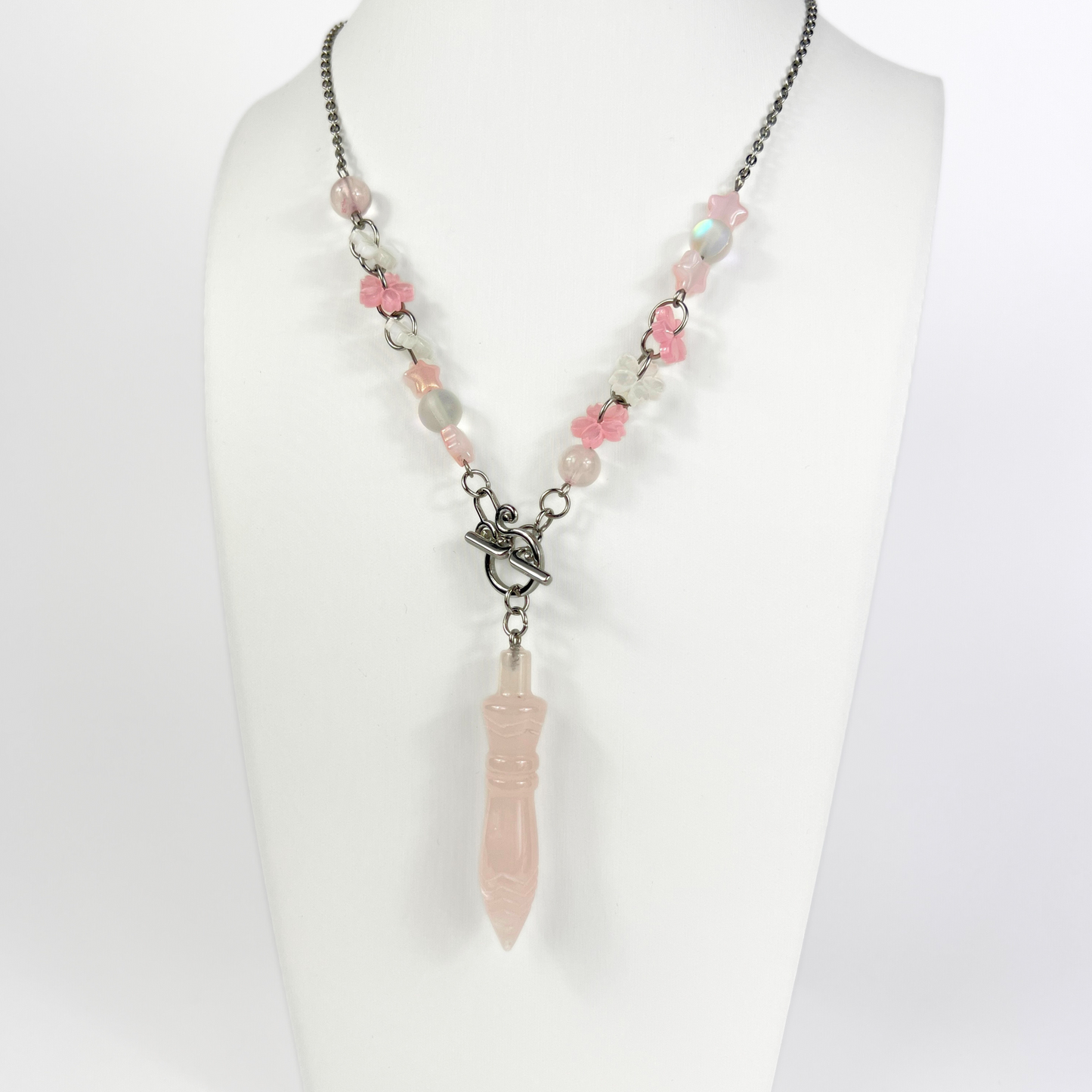 Sweet Lolita Thot engraved pendulum necklace, rose quartz