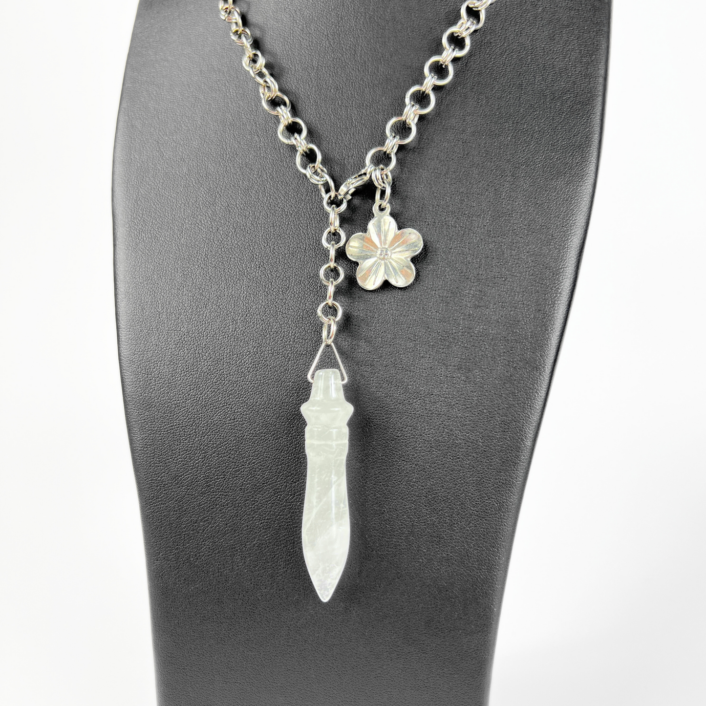 Quartz and flower Thot pendulum necklace, adjustable chain Baguette Magick