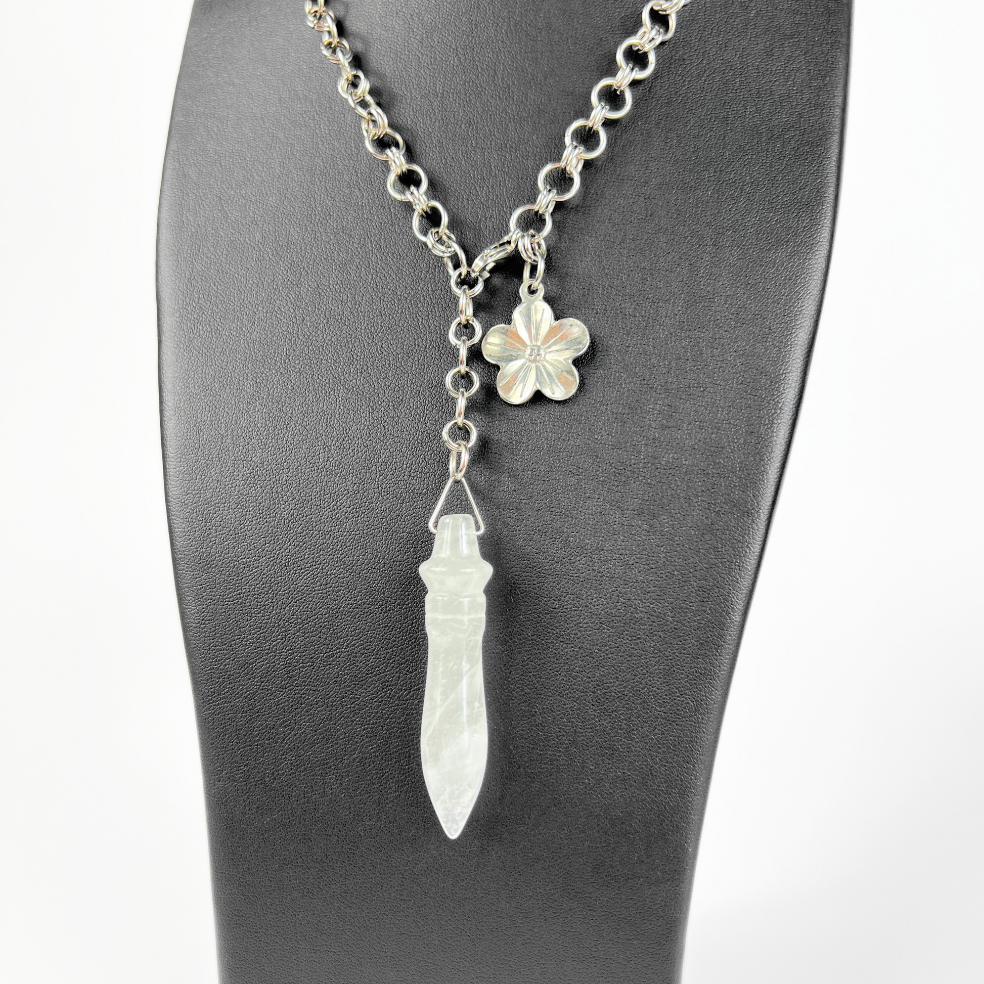Quartz and flower Thot pendulum necklace, adjustable chain Baguette Magick