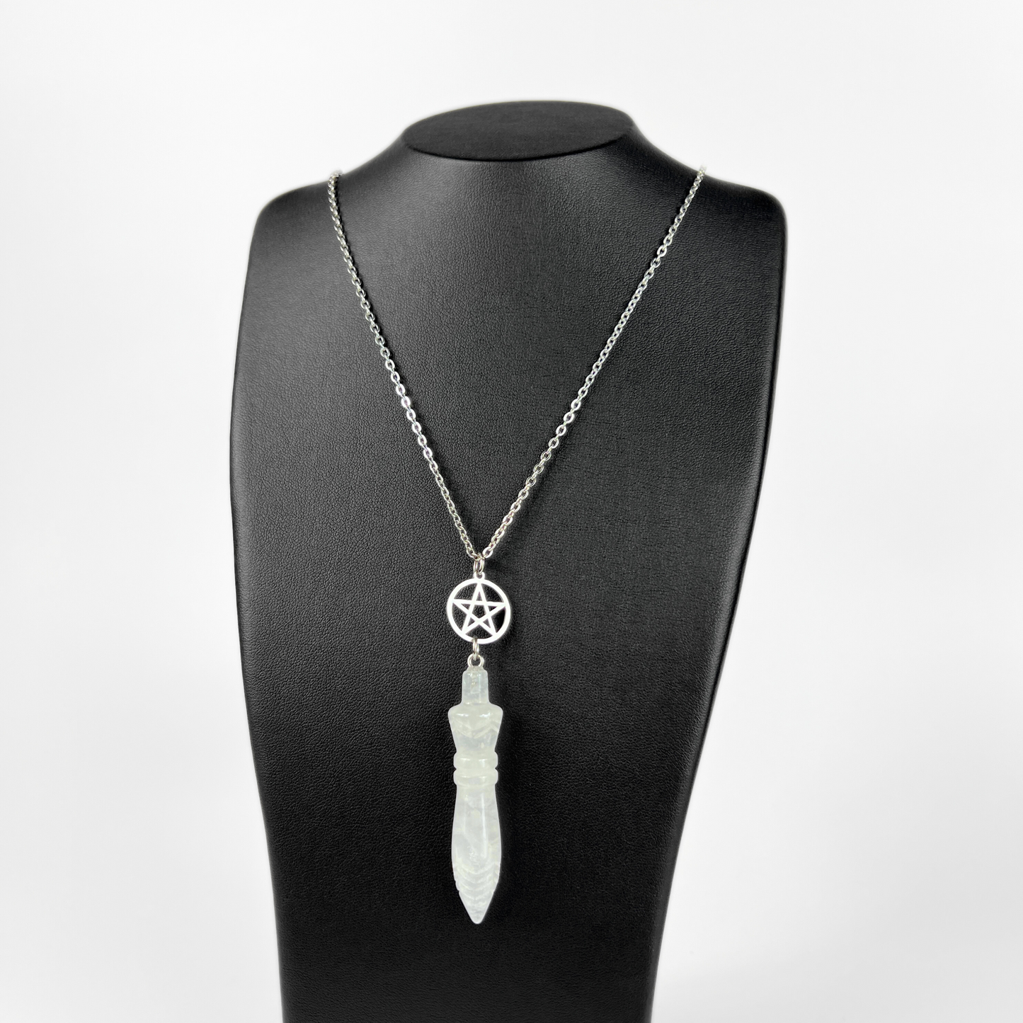 Engraved Egyptian Thot pendulum necklace, clear quartz, pentacle