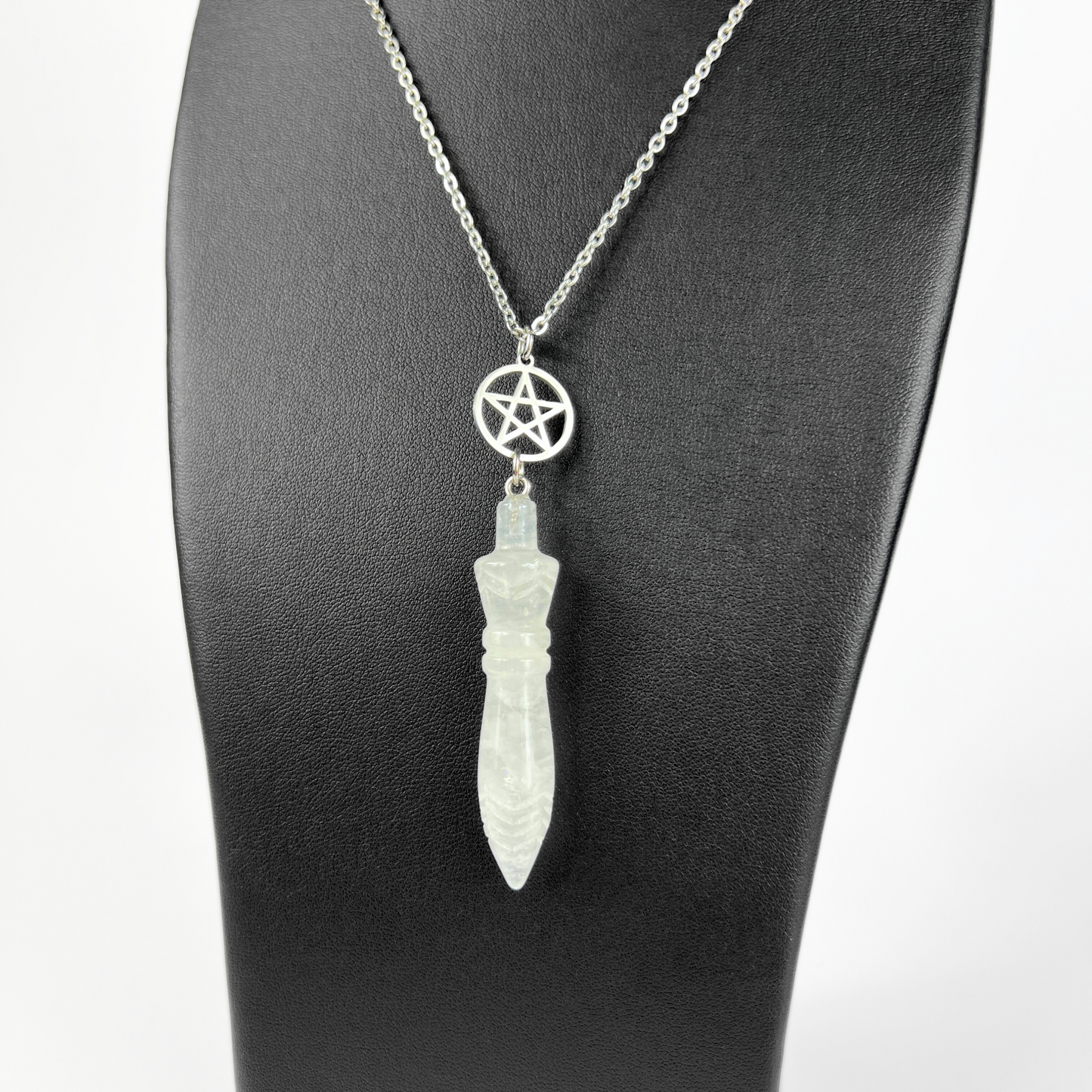 Engraved Egyptian Thot pendulum necklace, clear quartz, pentacle