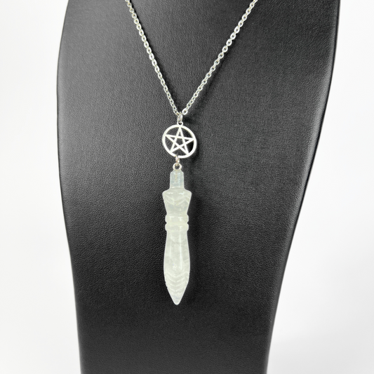 Engraved Egyptian Thot pendulum necklace, clear quartz, pentacle