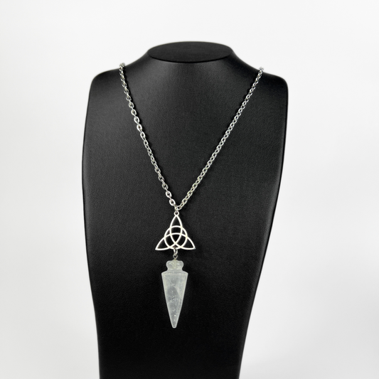 Clear quartz and triquetra Celtic knot pendulum necklace Baguette Magick
