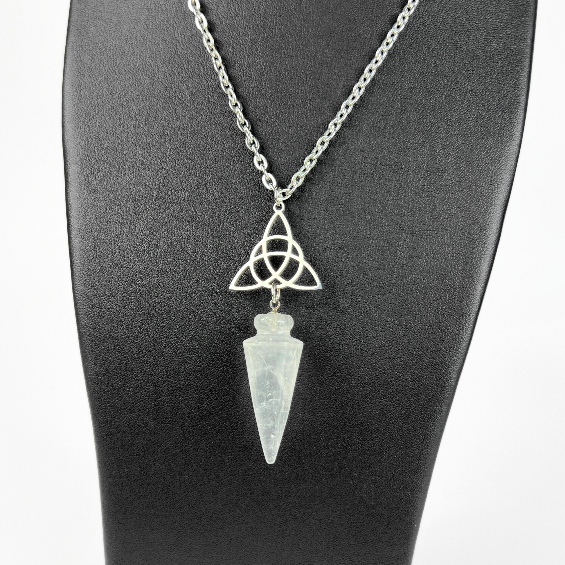 Clear quartz and triquetra Celtic knot pendulum necklace Baguette Magick