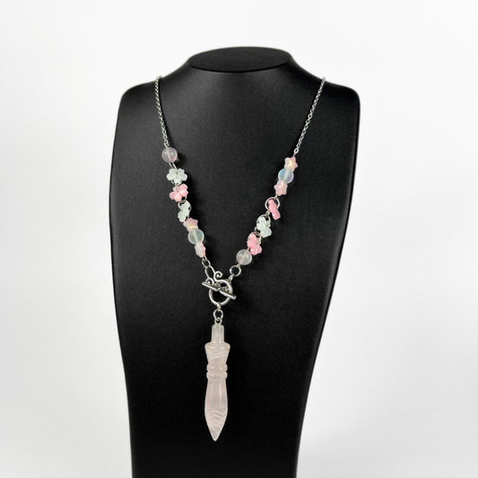 Sweet Lolita Thot engraved pendulum necklace, rose quartz