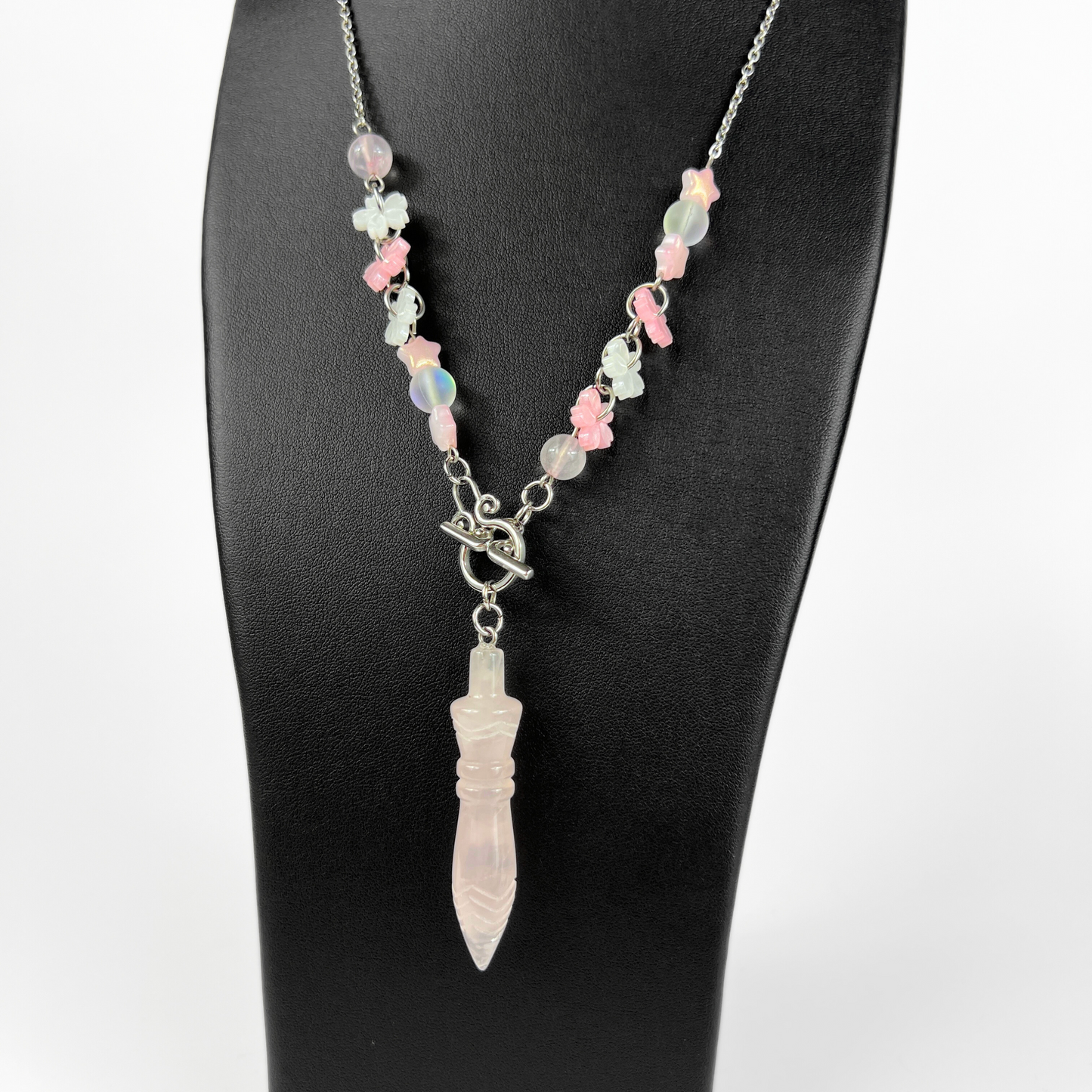 Sweet Lolita Thot engraved pendulum necklace, rose quartz