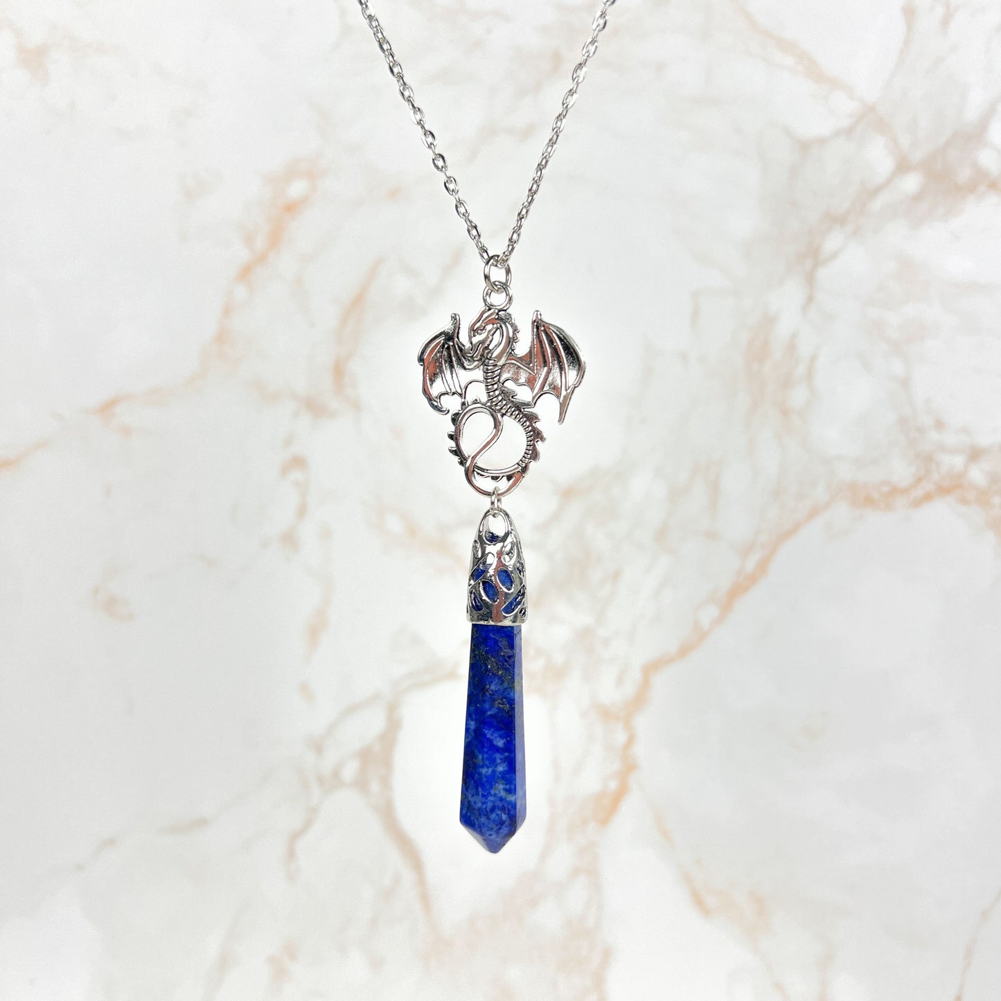 Lapis lazuli and dragon divination pendulum necklace Baguette Magick