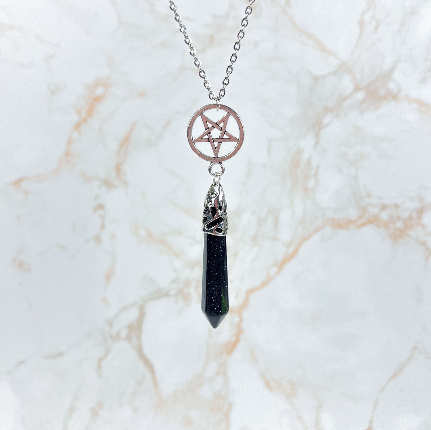 Blue sandstone inverted pentacle pendulum necklace Baguette Magick