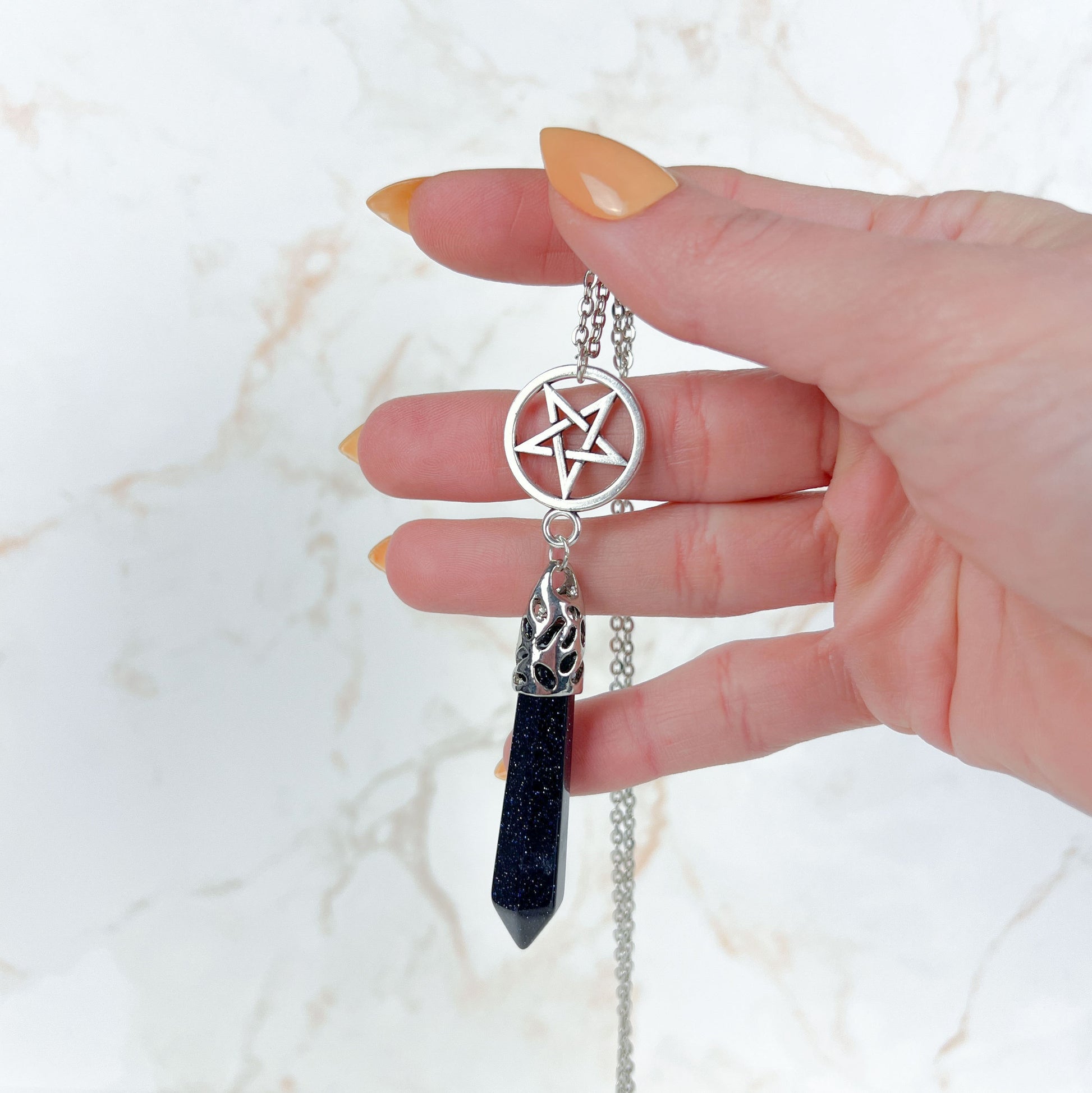 Blue sandstone inverted pentacle pendulum necklace Baguette Magick