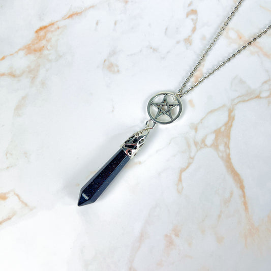 Blue sandstone inverted pentacle pendulum necklace Baguette Magick