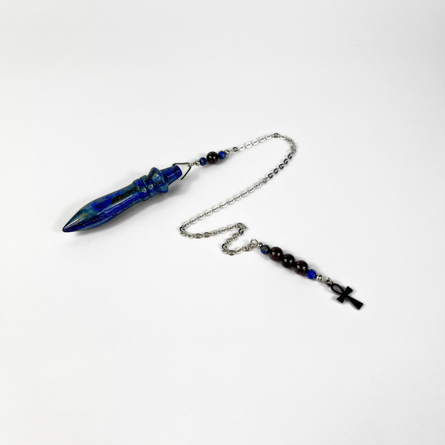 Egyptian Thot pendulum, lapis lazuli, garnet, Ankh charm