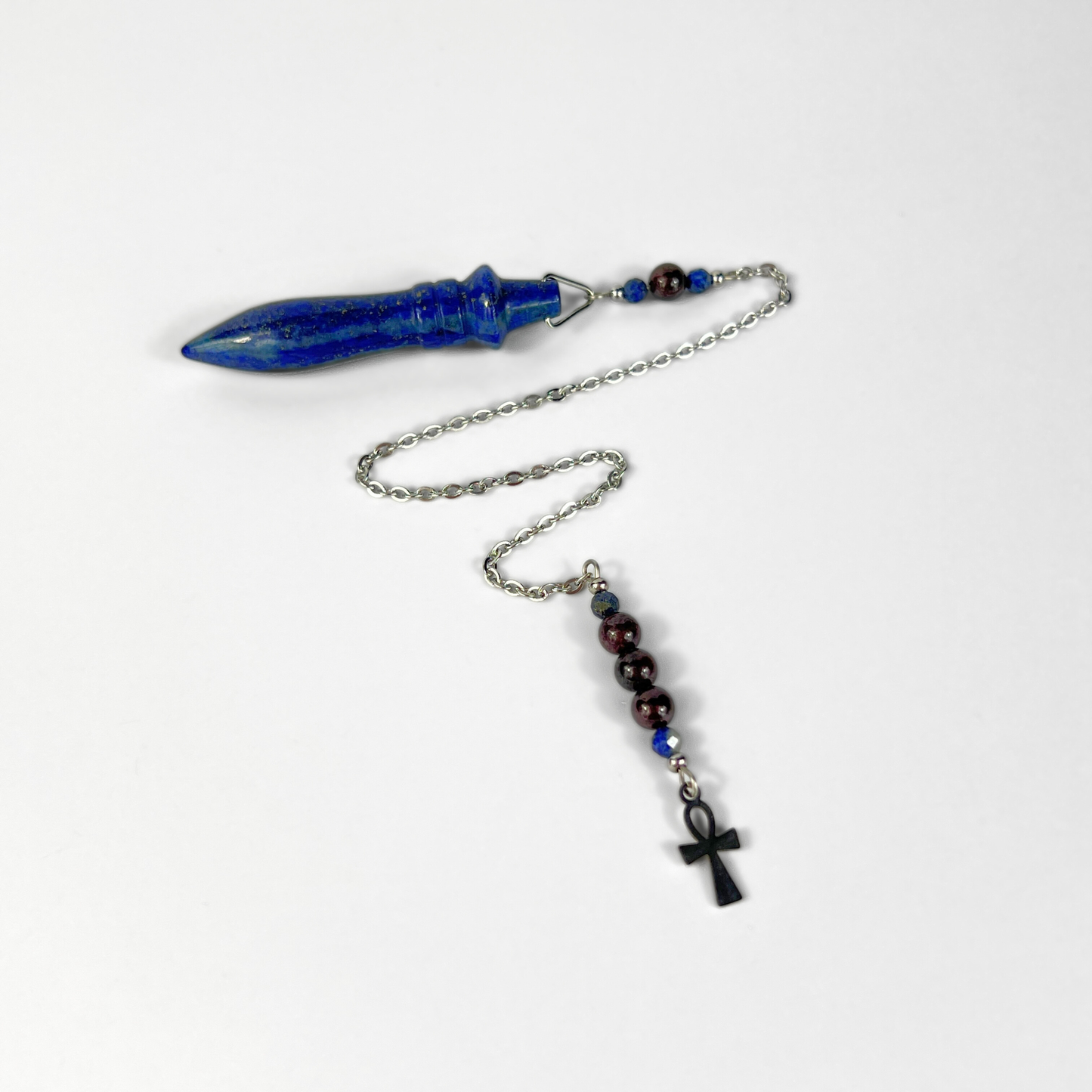 Egyptian Thot pendulum, lapis lazuli, garnet, Ankh charm