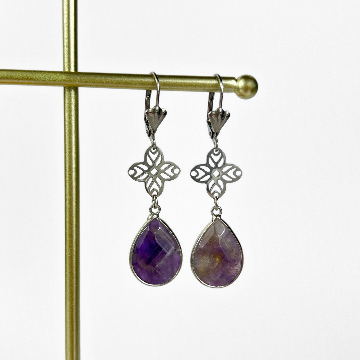 Art deco set gemstone earrings, Amethyst or Labradorite