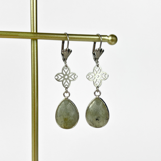 Art deco set gemstone earrings, Amethyst or Labradorite