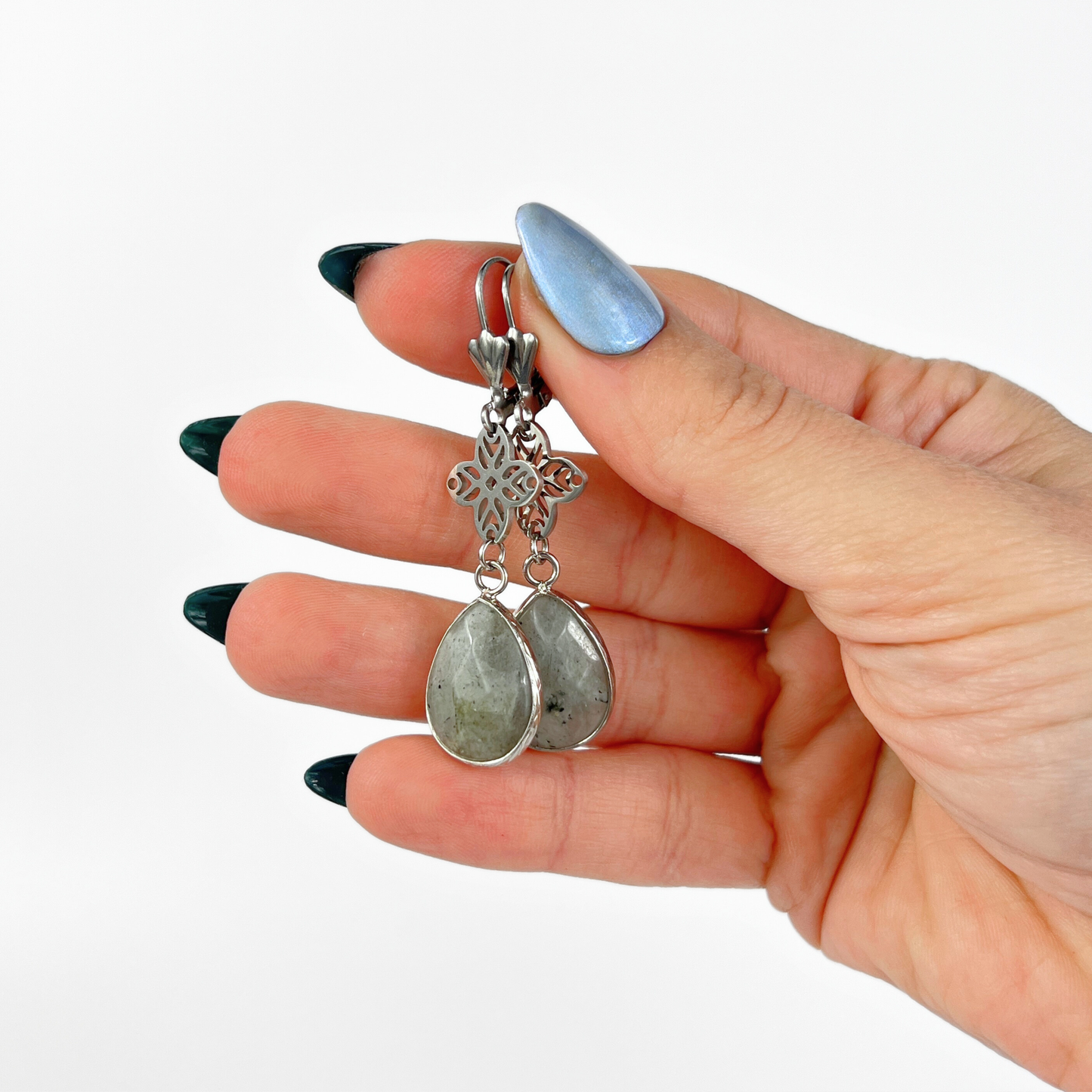 Art deco set gemstone earrings, Amethyst or Labradorite
