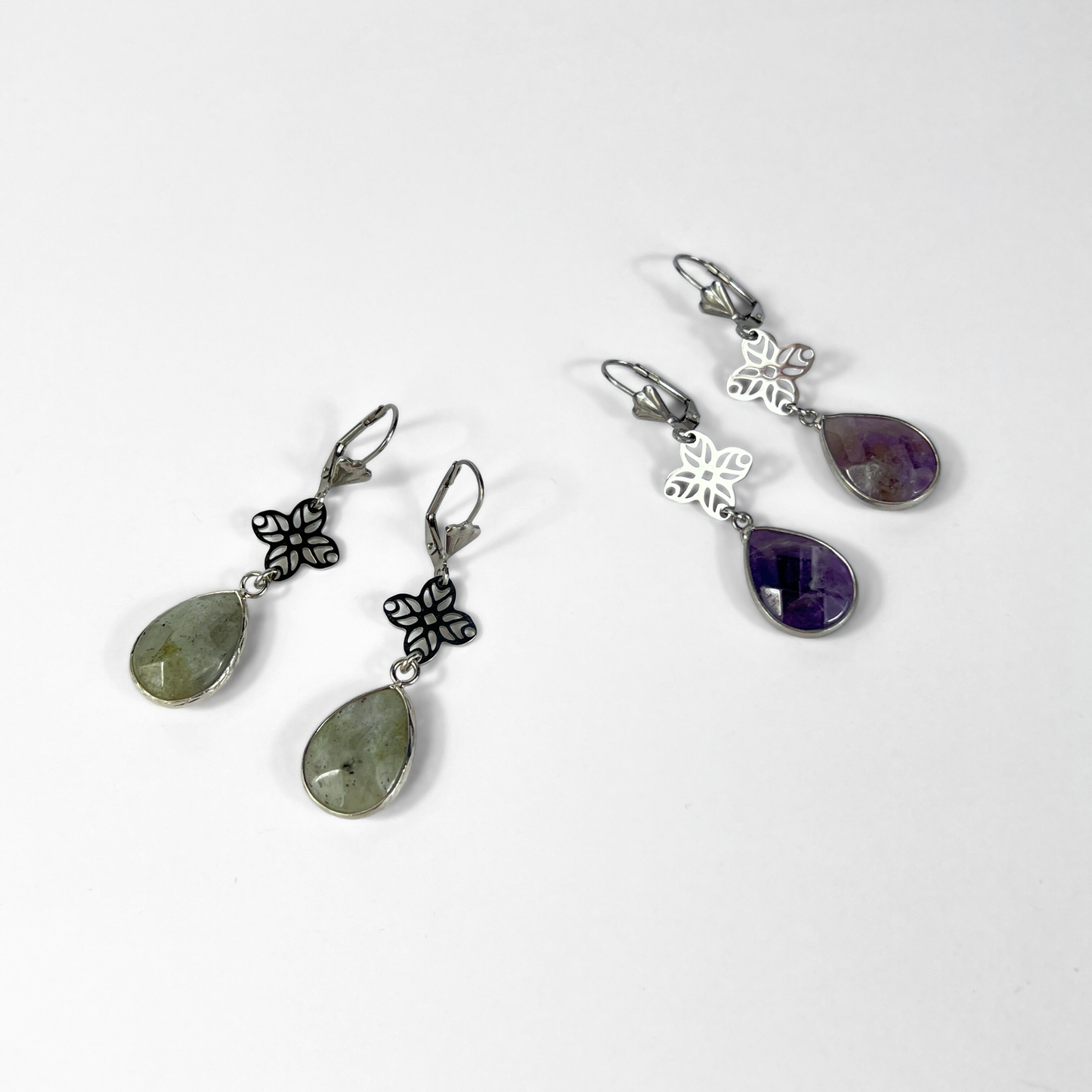 Art deco set gemstone earrings, Amethyst or Labradorite