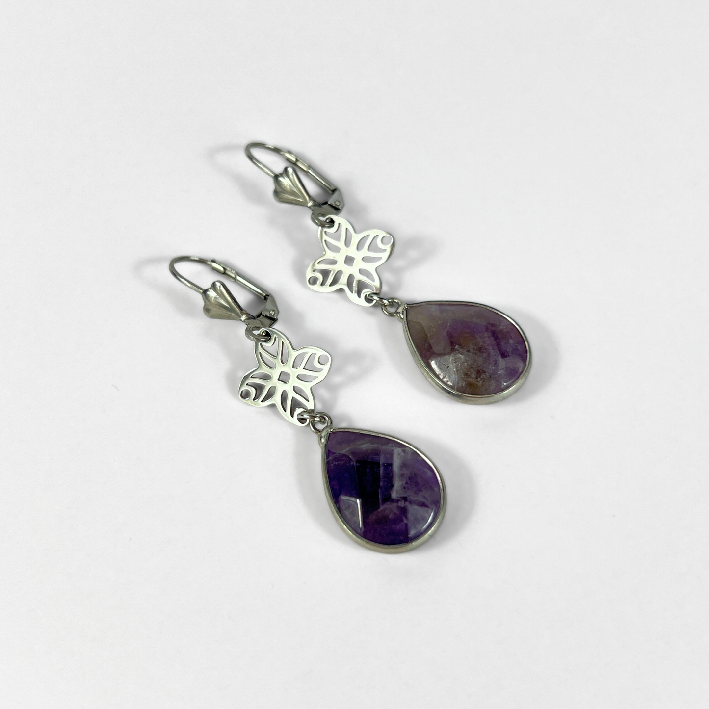 Art deco set gemstone earrings, Amethyst or Labradorite