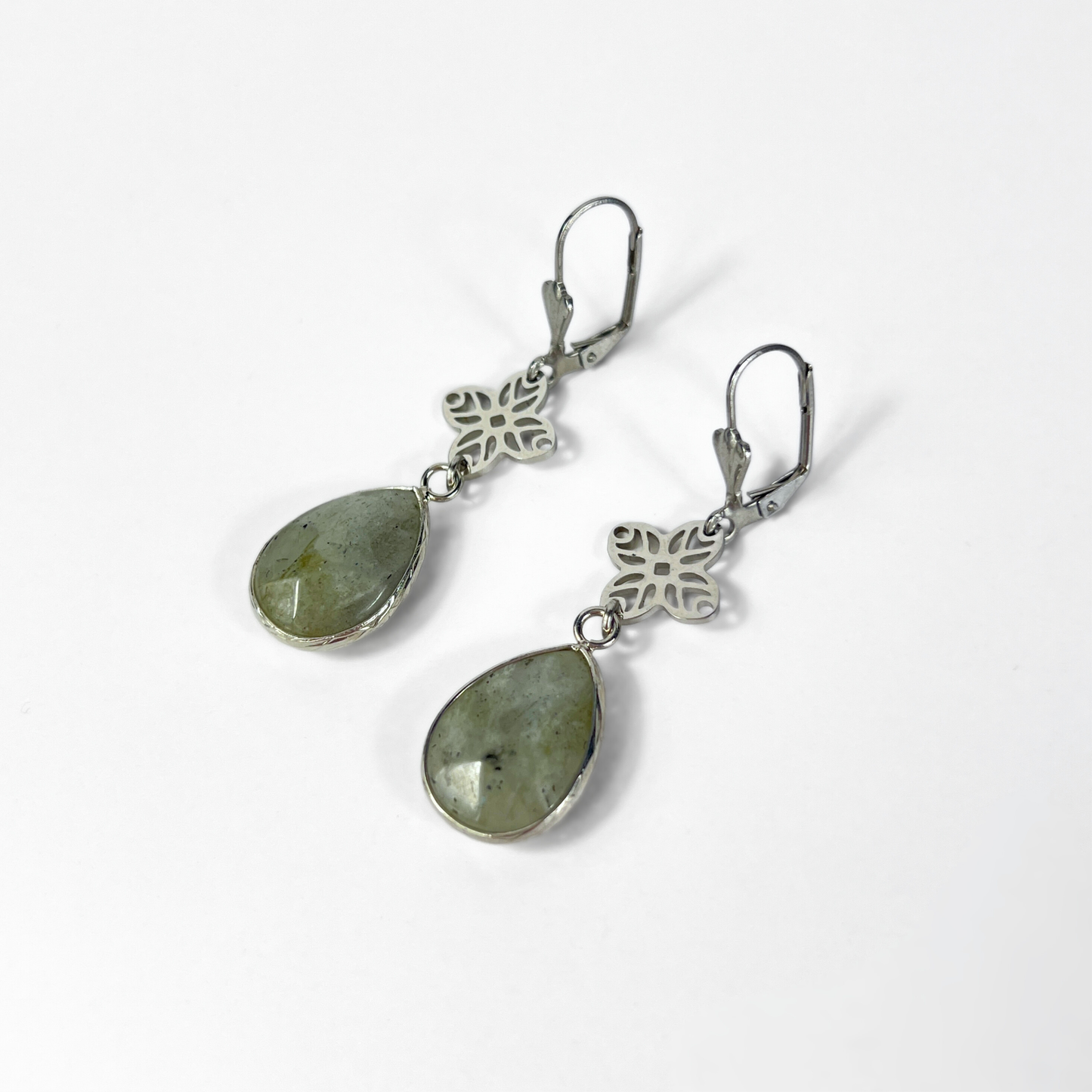 Art deco set gemstone earrings, Amethyst or Labradorite